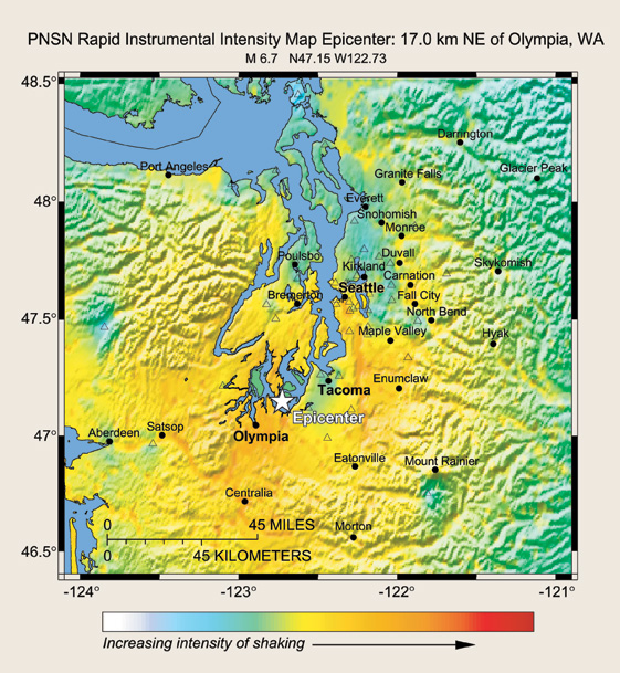 shakemap showing shaking intensities during the 2001 magnitude 6.7 Nisqually, Washington earthquake. 