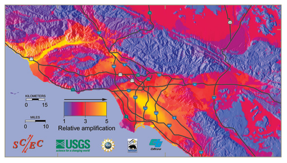 map showing how level of shaking is likely to vary across the Los Angeles Basin during large earthquakes