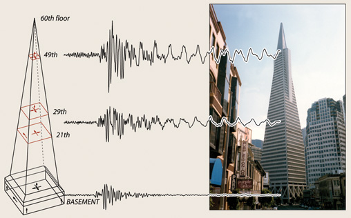 combined photograph and diagram of the Transamerica tower in San Francisco and seismic records from the instruments that were in place during the 1989 Loma Prieta earthquake. Records show intensified shaking on the upper floors of the building