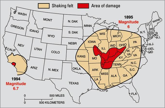 map showing differences between a 1994 M 6.7 earthquake in California and smaller (M6.0) earthquake that occured in St. Louis in 1895. The 1895 earthquake was felt over a much wider area and caused damage in a wider area.