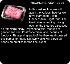￼THEORIZING FIGHT CLUB

In this last section, we will apply the various theories we have learned to David Fincher's film, Fight Club. The film invites a reading through each of the theories discussed so far: Narratology, Psychoanalysis, theories of gender and sex, Postmodernism, and theories of ideology. By applying each of the theories discussed this semester, these last two weeks will serve as hands-on practice for the final exam.