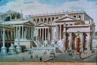 The Forum Romanum in its prime. Various temples, arches, the Rostra and the Tabularium are visible.
