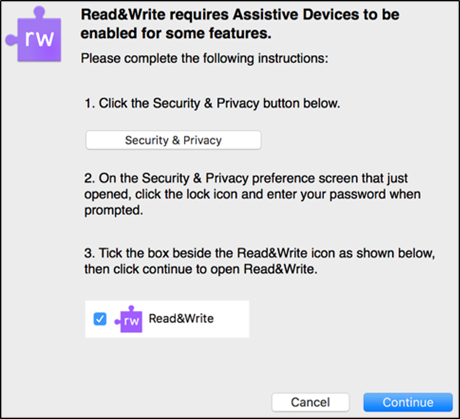 dialog box: Read and Write requires Assistive Devices to be enabled