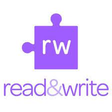 Read and Write Logo, purple puzzle square corner piece with RW in center.