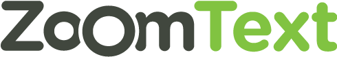 ZoomText Logo, white background, 'Zoom' in grey, 'Text' in lime green